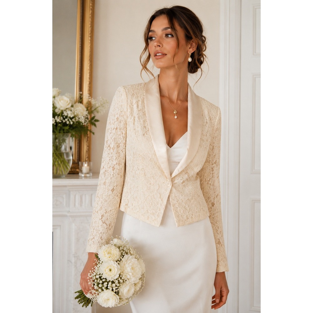 Forever 21 Lace Blazer Medium Cream‎ Satin Shawl Collar Floral Bridal Coquette